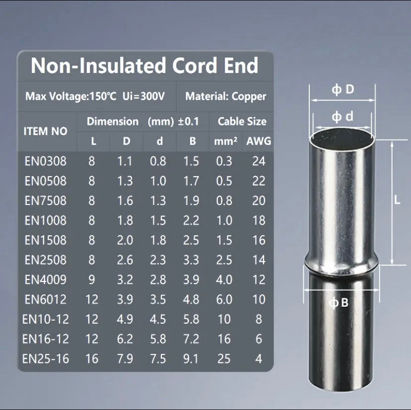 EN0508 EN7508 1008 Non Insulated Cord End Terminal Block Naked Wire Joint Sleeve Cold Press Bootlace Ferrule Crimp Pin Connector