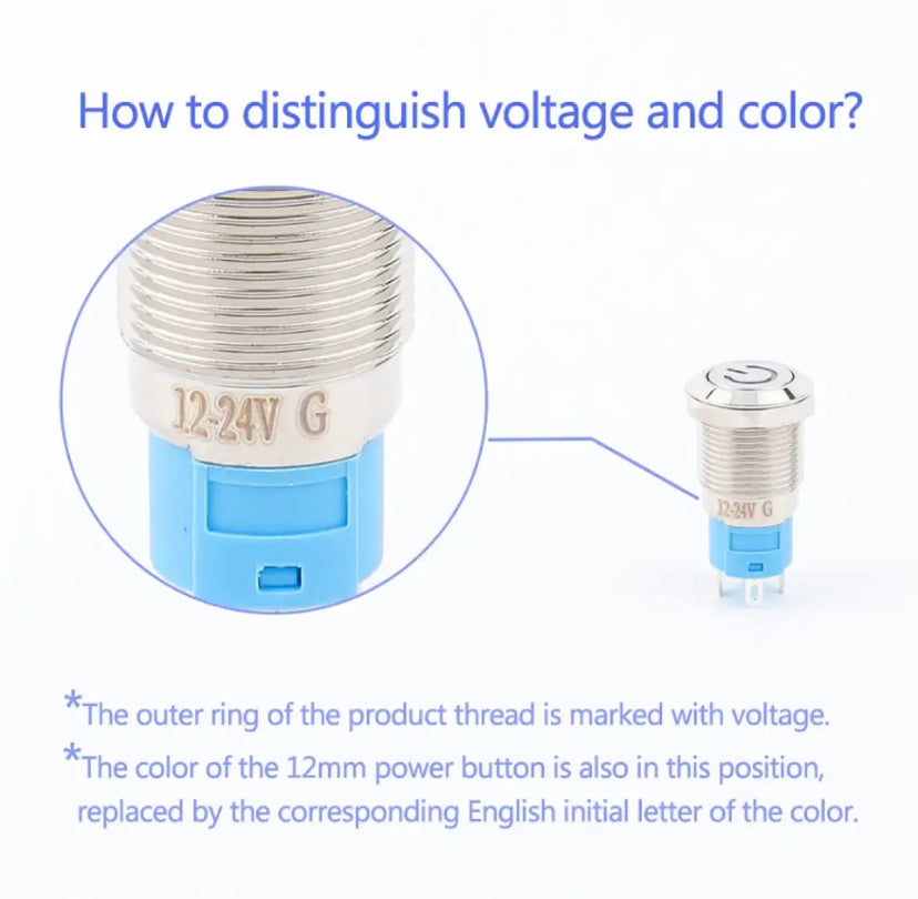 16/19mm Metal push button switch power button Waterproof Flat circular button LED light self-lock button 12v-24v