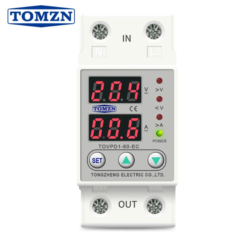 TOMZN 63A Din rail adjustable over and under voltage protective device protector relay with over current protection Voltmeter