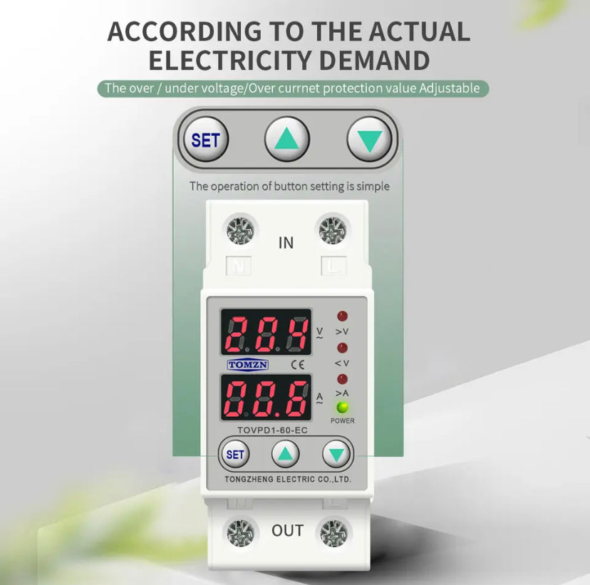 TOMZN 63A Din rail adjustable over and under voltage protective device protector relay with over current protection Voltmeter