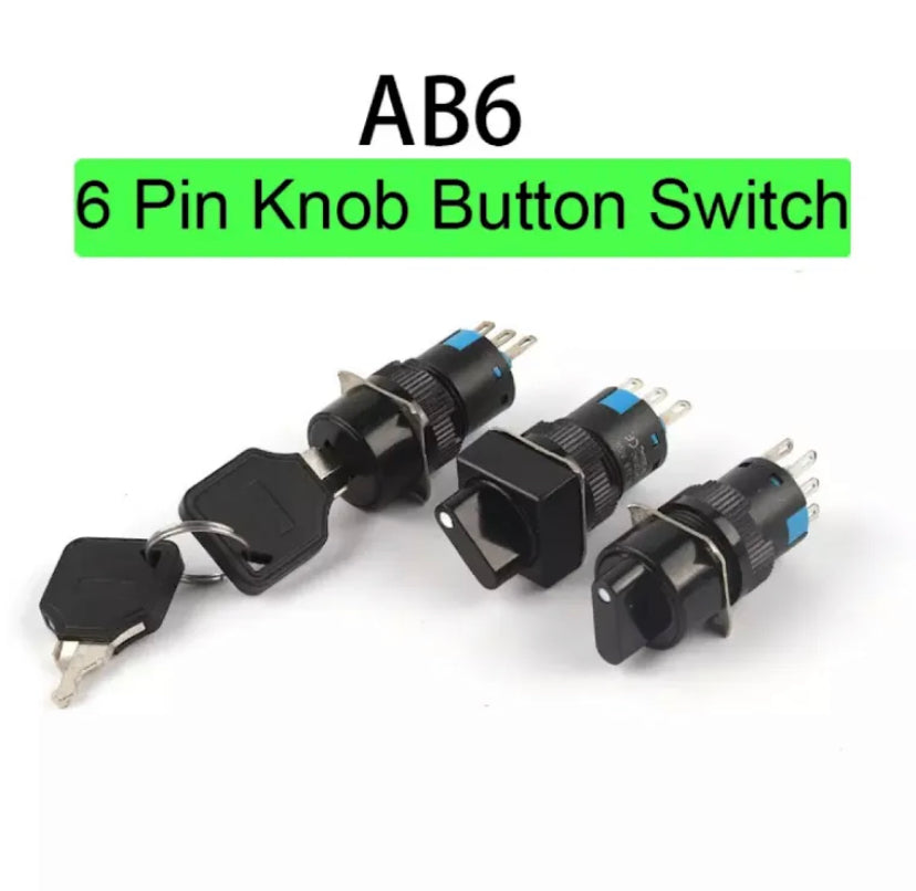 1PCS 16mm AB6/AL6/AS6 Knob Rotary Switch 3 Pin 2 Position Small Square Round button Switch With key Start Up Power Switch