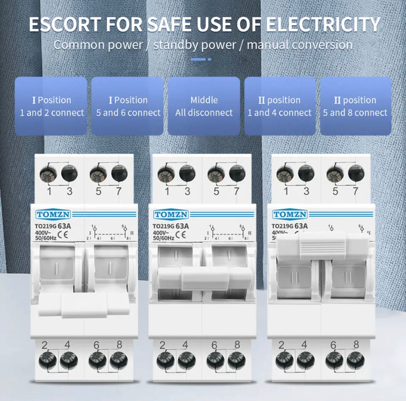 TOMZN 2P 63A Changover Breaker MTS Dual Power Manual Transfer Isolating Switch Interlock Circuit Breaker