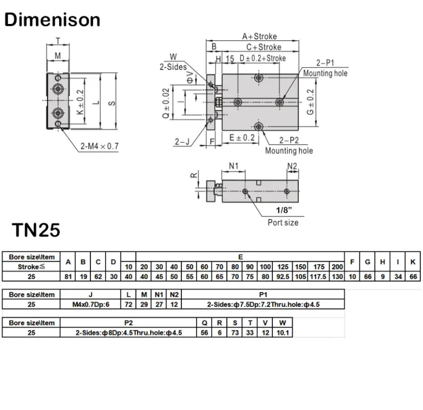 TN25 Series Twin-Rod Cylinders 25mm Bore 10 20 30 40 50 300mm Stroke Dual Action Compact Double Acting Air Pneumatic Cylinder