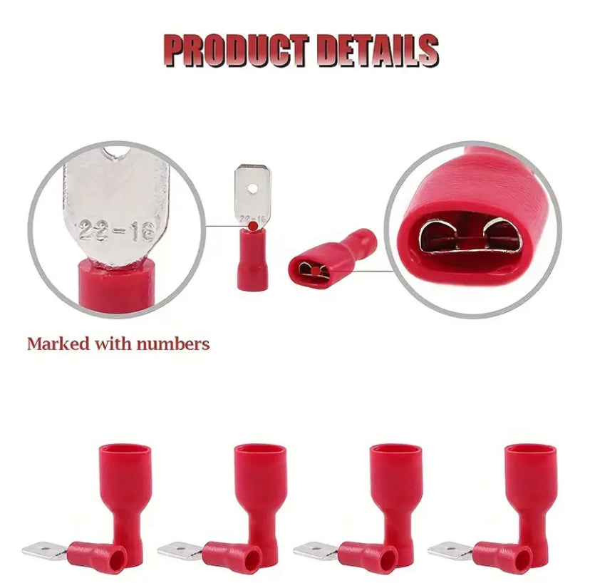 FDFD1-250*50 MDD2-250*50 16-14AWG RED Insulated Spade Crimp Wire Cable Connector Terminal Male/Female Kit 100PCS 50pair
