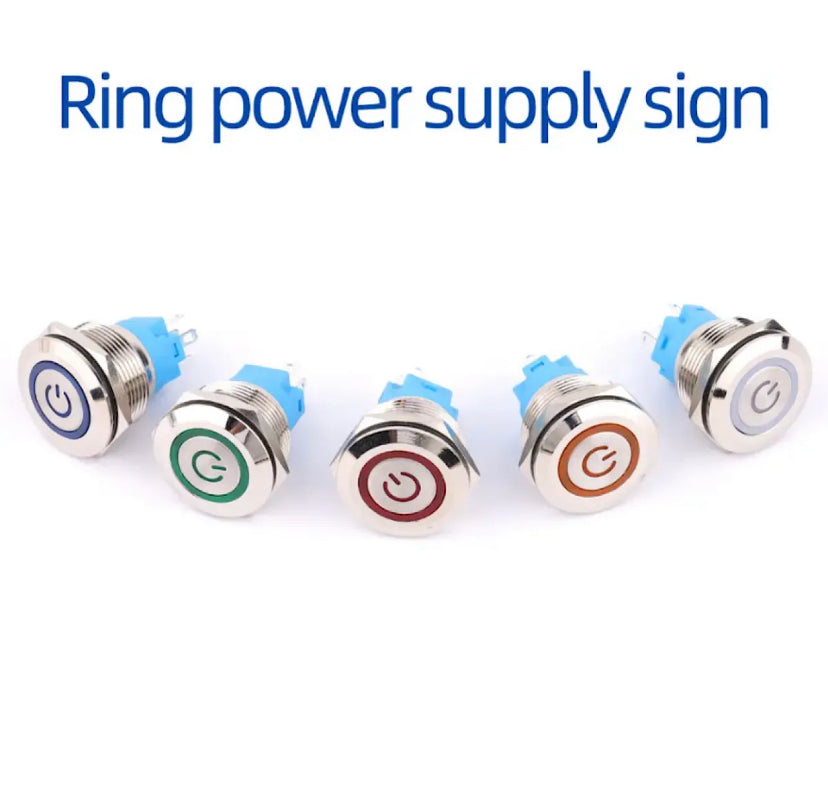 16/19mm Metal push button switch power button Waterproof Flat circular button LED light self-lock button 12v-24v
