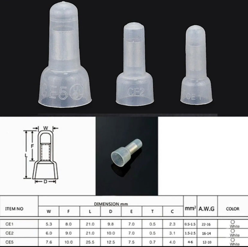 250pcs/box CE1 CE2 CE5 Closed End Crimp Caps Electrical Wire Cable Terminals Connectors Set AWG 12-10 16-14 22-16