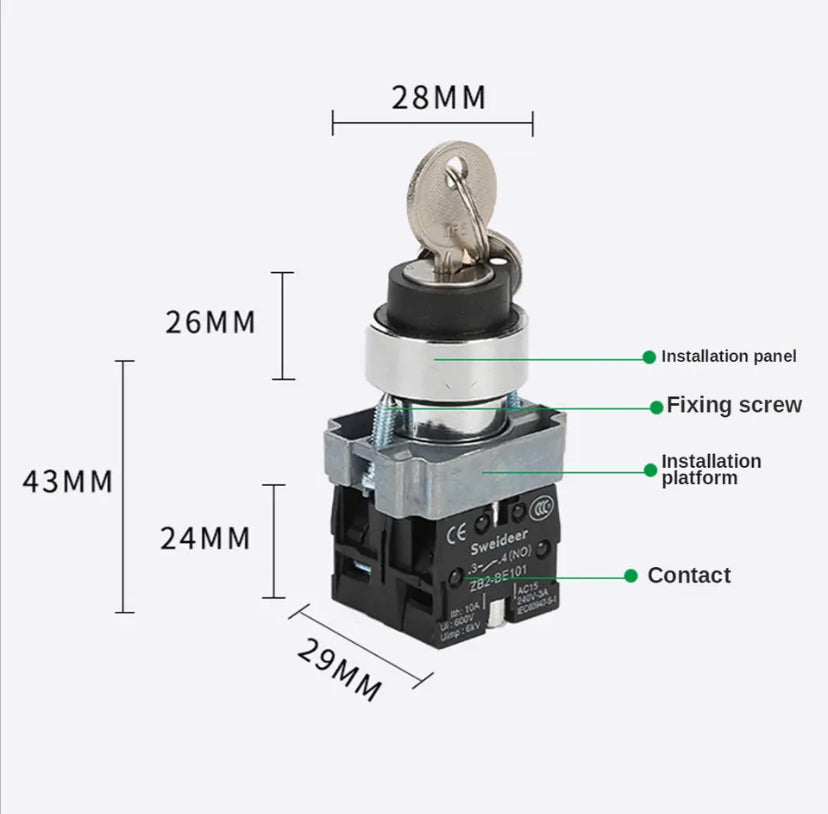 XB2-BG25 XB2-BG33 22mm Knob Selector Rotary Lock Key Switch 2 3 Position 1NO1NC 2NO with 2 Keys Latching Push Button Switch