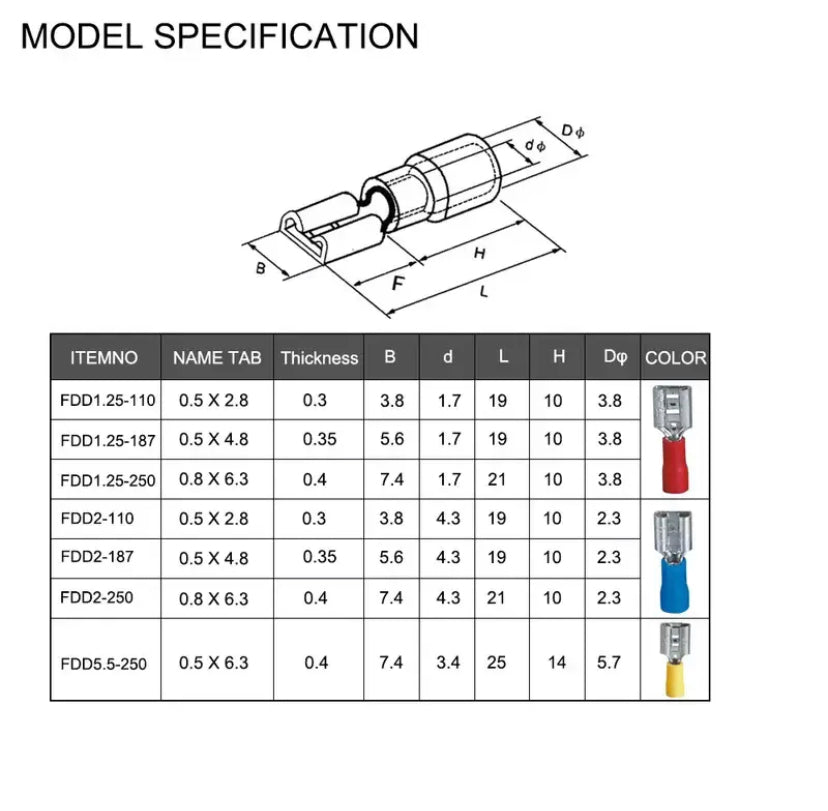 Insulated Female Crimping Terminals 6.3mm Seal Spade Electrical Wire Connector Wiring Cable Plug