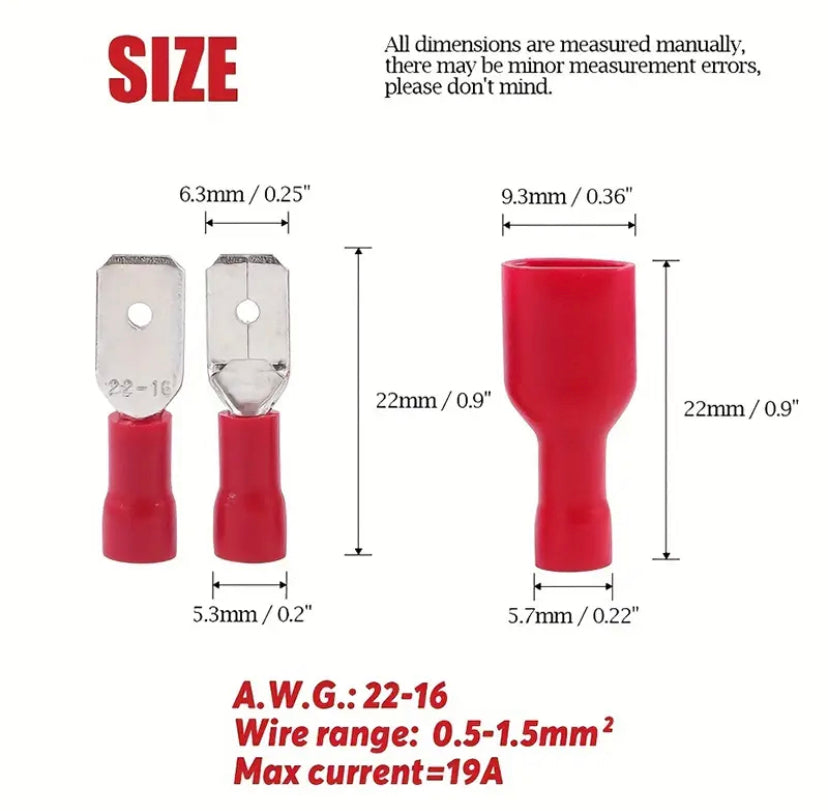 FDFD1-250*50 MDD2-250*50 16-14AWG RED Insulated Spade Crimp Wire Cable Connector Terminal Male/Female Kit 100PCS 50pair