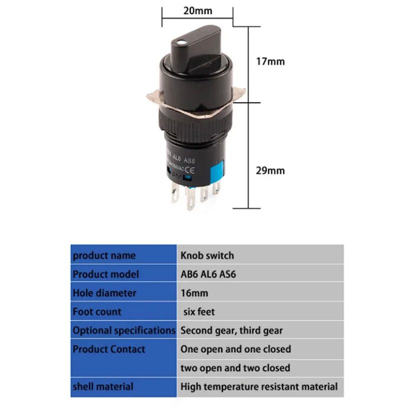 1PCS 16mm AB6/AL6/AS6 Knob Rotary Switch 3 Pin 2 Position Small Square Round button Switch With key Start Up Power Switch