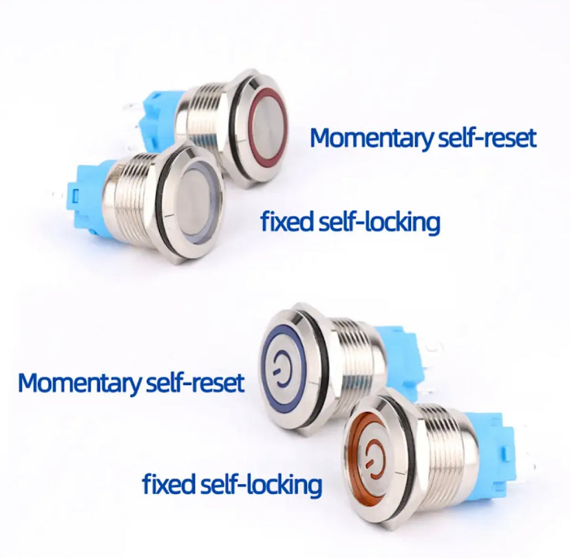 16/19mm Metal push button switch power button Waterproof Flat circular button LED light self-lock button 12v-24v