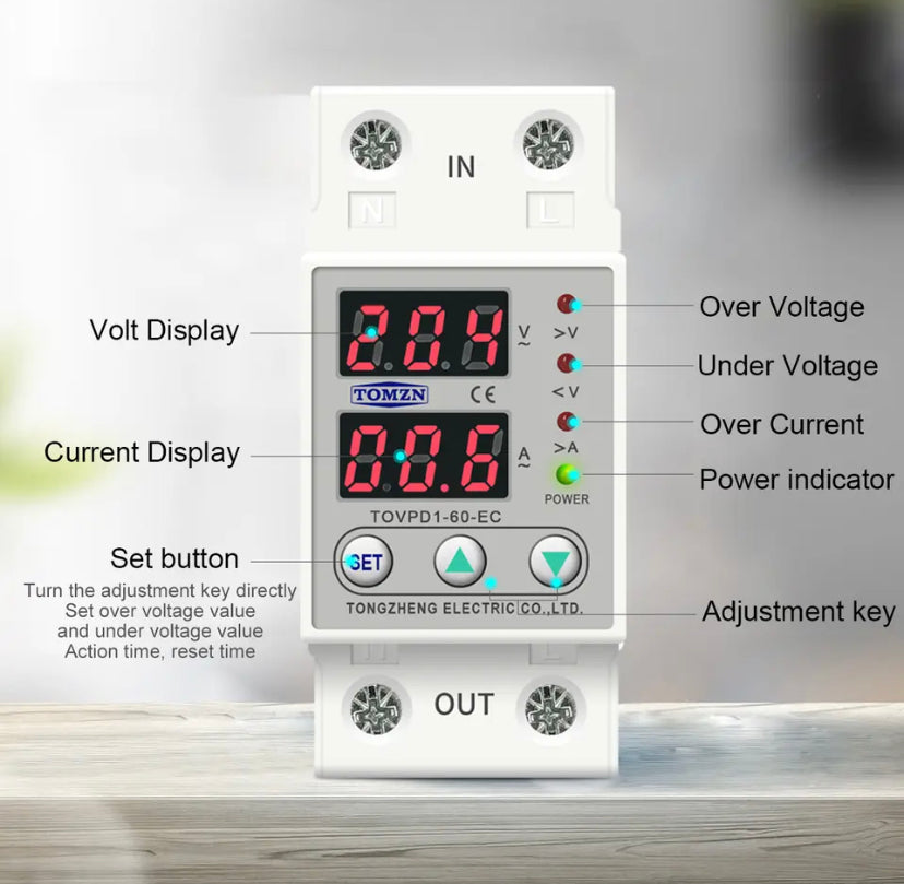 TOMZN 63A Din rail adjustable over and under voltage protective device protector relay with over current protection Voltmeter