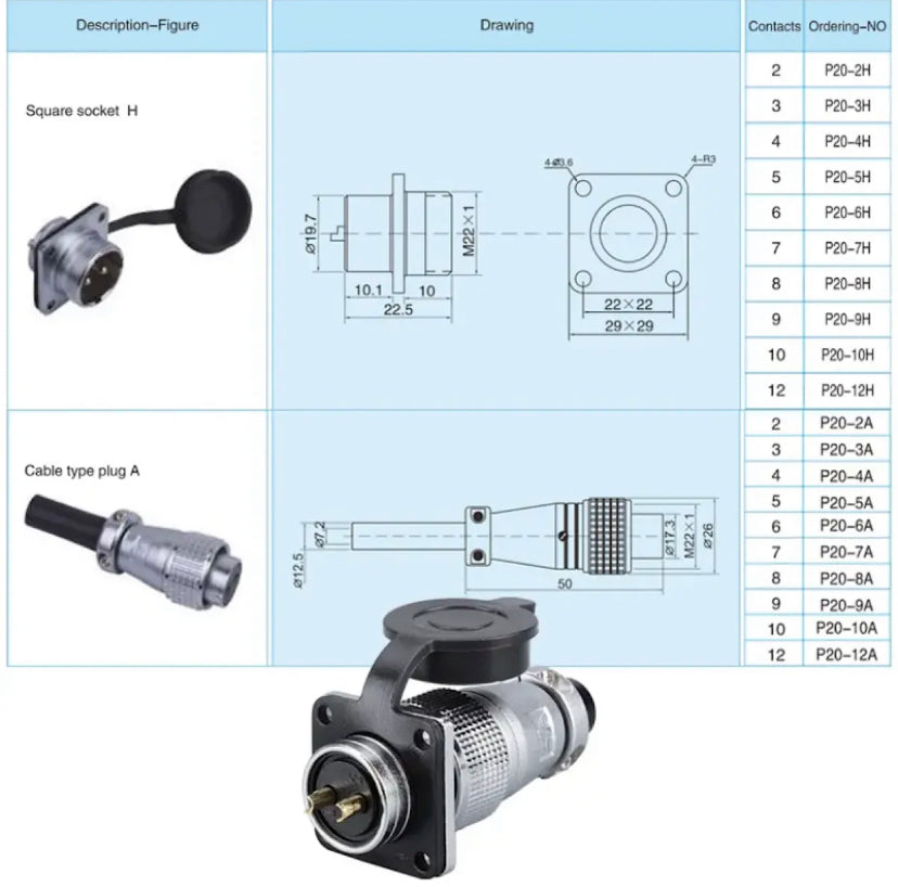 P20 Aviation Plug Square Plate 2/3/4/5/6/7/8/9/10/12Pin Connector Male Female Connector 20MM DiameterP20 Aviation Plug Square Plate
