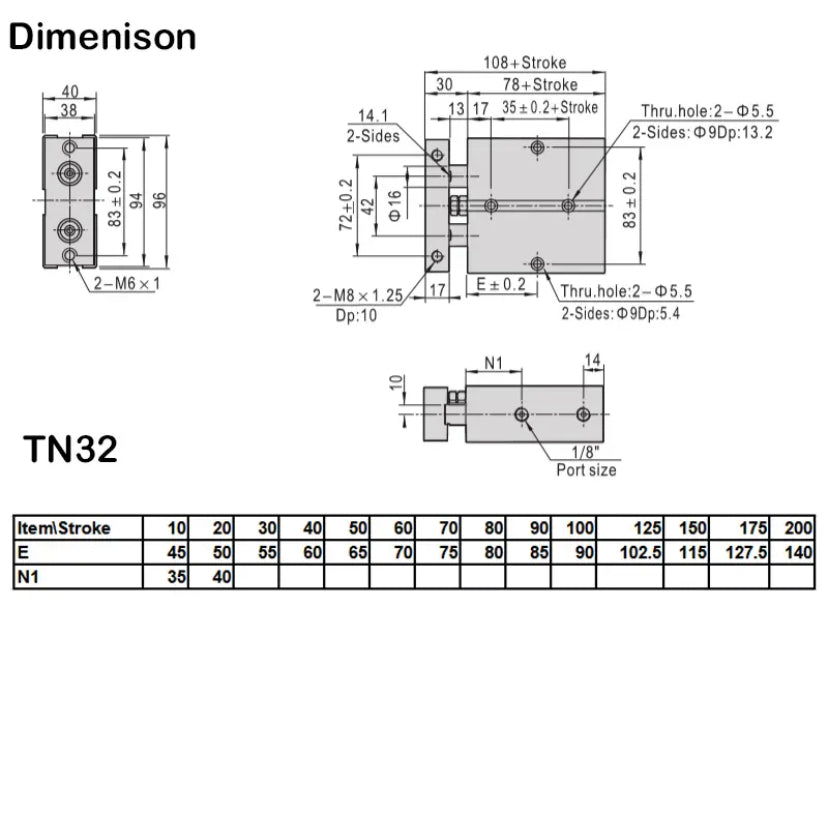 TN32 Series Air Cylinders 32mm Bore 10-300mm Stroke Compact Dual Action Pneumatic Cylinder