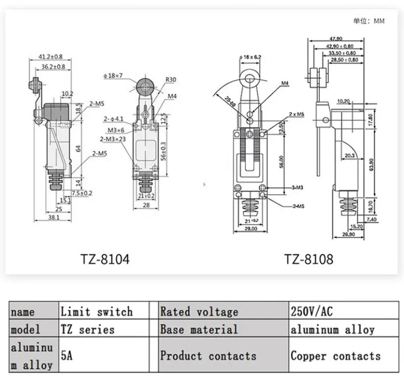 TZ-8108 TZ-8104 Limit Switch Rotary Adjustable Roller Lever Arm Mini Waterproof Momentary Reset Handle Brass Contact