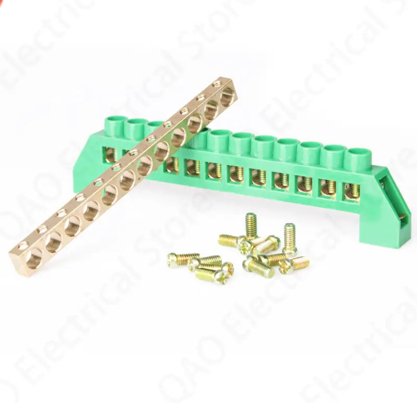 1pcs 4/6/8/10/12 Positions Terminal Block Connector Strip Brass Ground Neutral Bar Electrical Distribution Wire Screw Green
