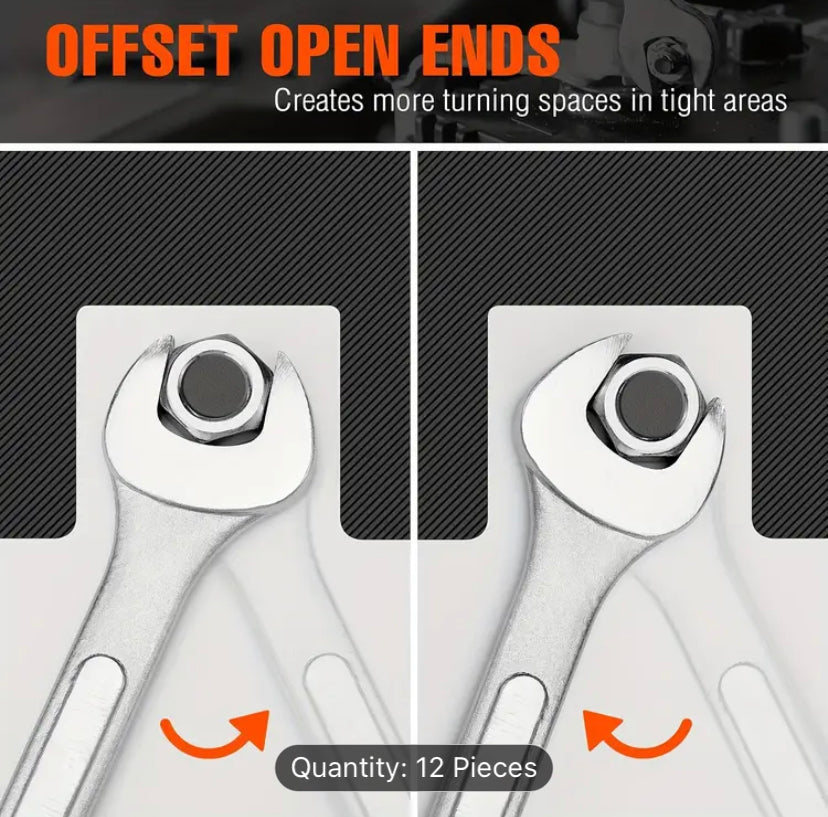 12 PCS Wrench Set with Roll-Up Pouch, 8-24mm, 15° Angled Open & 12-Point Box End Finish for Home & Workshop