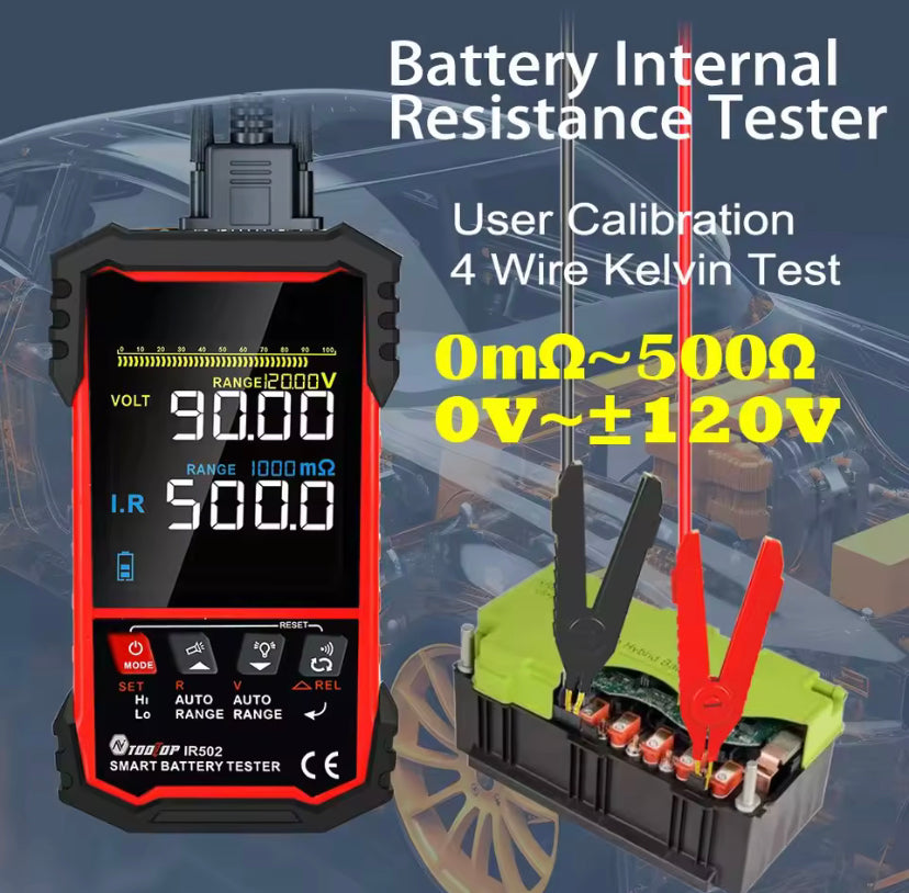TOOLTOP IR502 ±120V 500Ω Battery Internal Resistance Tester 4-Wire Kelvin Test Lead-acid Lithium Nickel-cadmium Batteries Tool