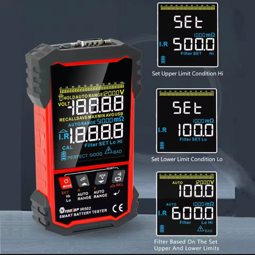 TOOLTOP IR502 ±120V 500Ω Battery Internal Resistance Tester 4-Wire Kelvin Test Lead-acid Lithium Nickel-cadmium Batteries Tool