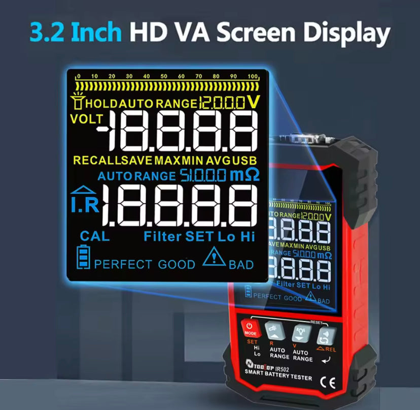 TOOLTOP IR502 ±120V 500Ω Battery Internal Resistance Tester 4-Wire Kelvin Test Lead-acid Lithium Nickel-cadmium Batteries Tool