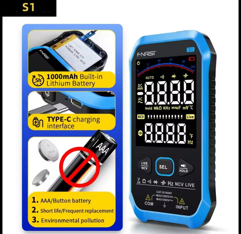 FNIRSI S1 Smart Digital Multimeter 9999counts AC DC Voltage Resistance Capacitance Diode NCV Hz Live Wire Color Display Tester