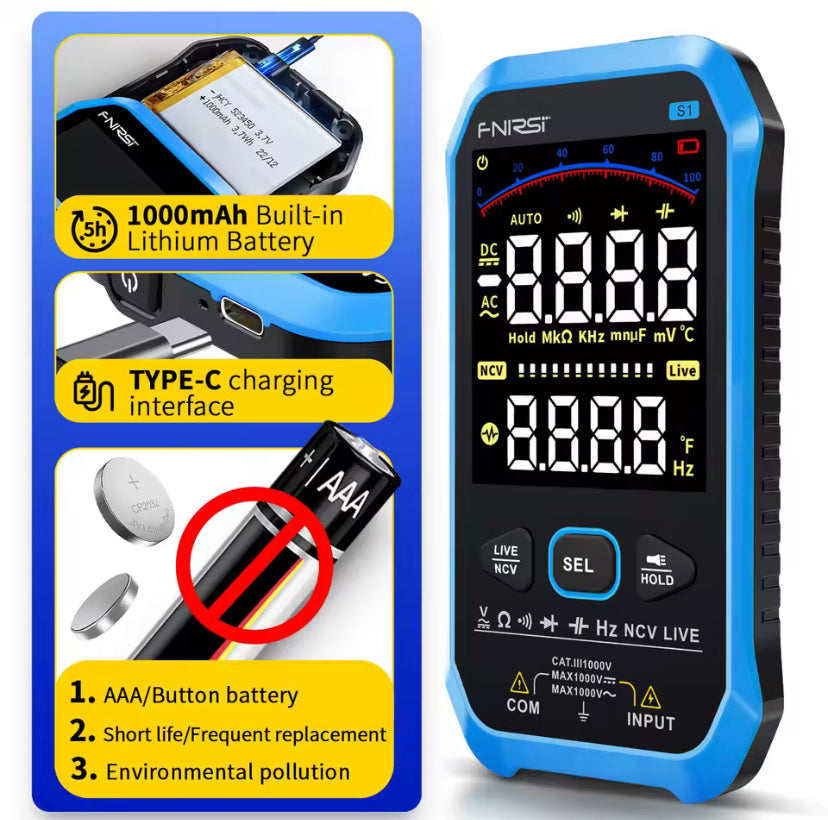 FNIRSI S1 Smart Digital Multimeter 9999counts AC DC Voltage Resistance Capacitance Diode NCV Hz Live Wire Color Display Tester