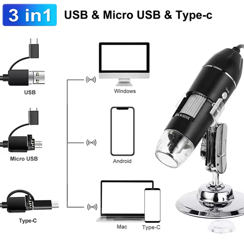 1600X 3in 1 Digital Microscope Camera Portable Electronic Microscope For Soldering LED Magnifier Type-C USB Charge Magnifier