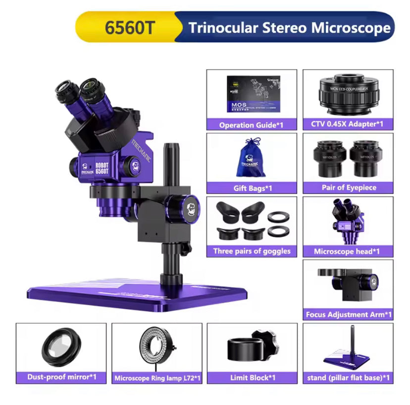 MECHANIC ROBOT 6560T-B11 6.5-60X Magnification Synchronous Zoom Microscope Cell Phone Repair Trinocular Stereo Microscope Tools