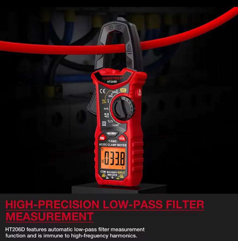 HT206D 600A AC DC Ampere/Voltage Digital Clamp Meter Multimeter 6000 Counts True RMS Auto-ranging Current Voltage Temp Capacitance NCV Tester