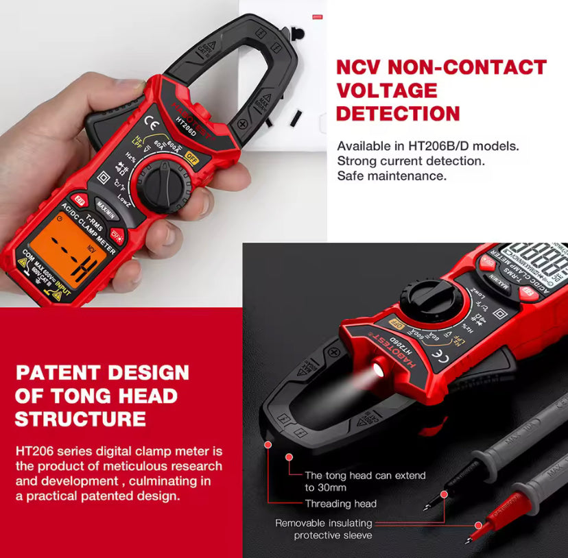 HT206D 600A AC DC Ampere/Voltage Digital Clamp Meter Multimeter 6000 Counts True RMS Auto-ranging Current Voltage Temp Capacitance NCV Tester