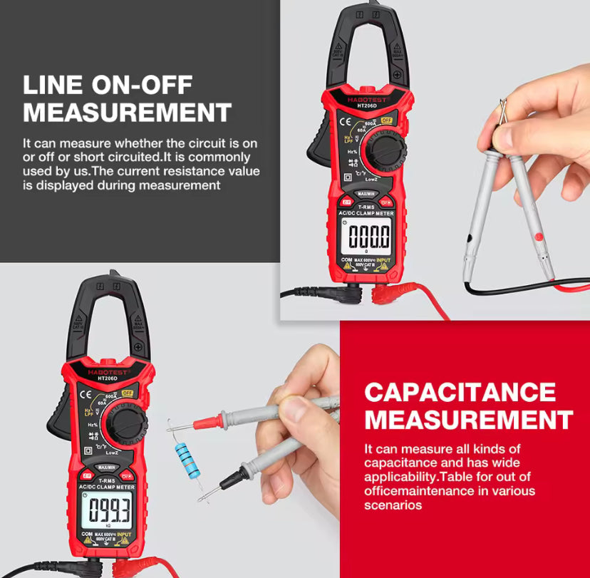 HT206D 600A AC DC Ampere/Voltage Digital Clamp Meter Multimeter 6000 Counts True RMS Auto-ranging Current Voltage Temp Capacitance NCV Tester