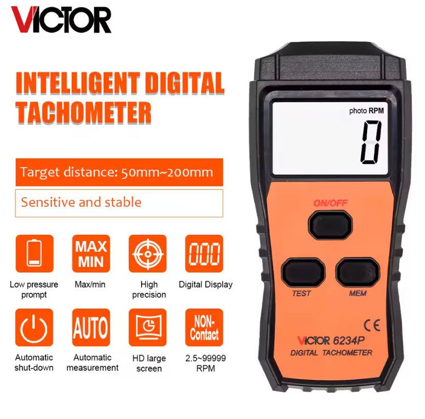 Victor 6234P Digital Laser Tachometer Tester Diagnostic Tool Non-Contact Motor Lathe Speed Gauge Revolution Spin RPM Meter
