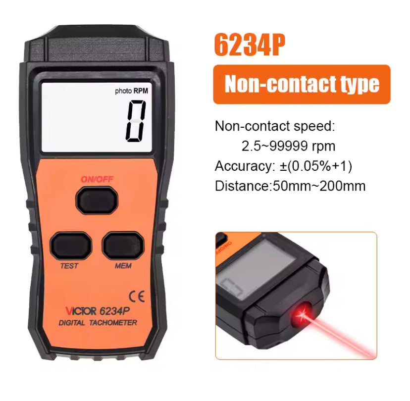Victor 6234P Digital Laser Tachometer Tester Diagnostic Tool Non-Contact Motor Lathe Speed Gauge Revolution Spin RPM Meter