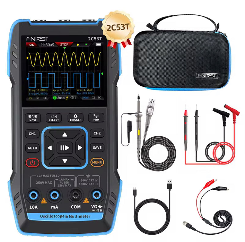 FNIRSI Latest 3-In-1 Multimeter Digital Oscilloscope Signal Generator, Dual Channel 10MHZ*2 50MS/S, 9999 Counts 2C53T