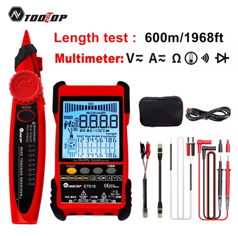 TOOLTOP ET 618 Network Cable Tester Multimeter Lan Cable Tracking POE Test 600M Length Measure Sensitivity Adjustable Line Tracker