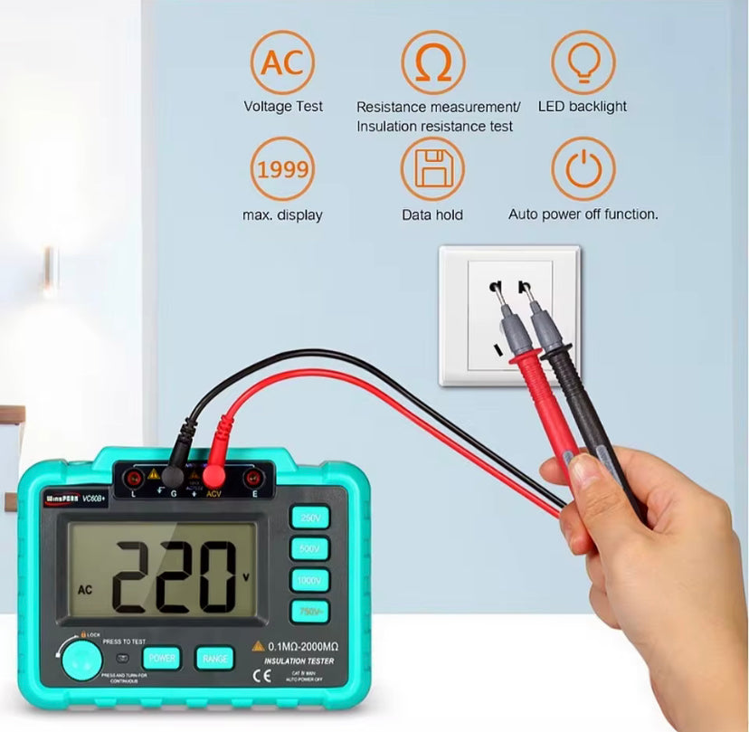 VC60B+ Digital Insulation Tester 0.1MΩ~2000MΩ MegOhm Meter 250V/500V1000V High Voltage Short Circuit Input Alarm Megohmmeter