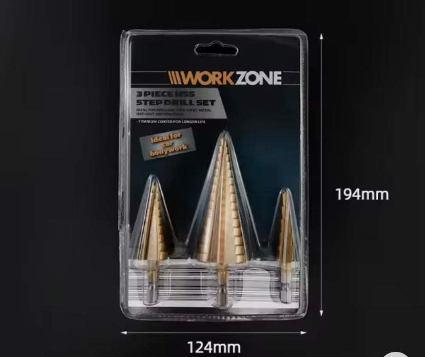 3pcs High-Speed Steel Step Drill Bits Set | Multiple Sizes 50mm, Polished Finish, Suitable for Metal, Wood, Plastic, Aluminum, Titanium, Zinc, Includes Bonus Storage Box