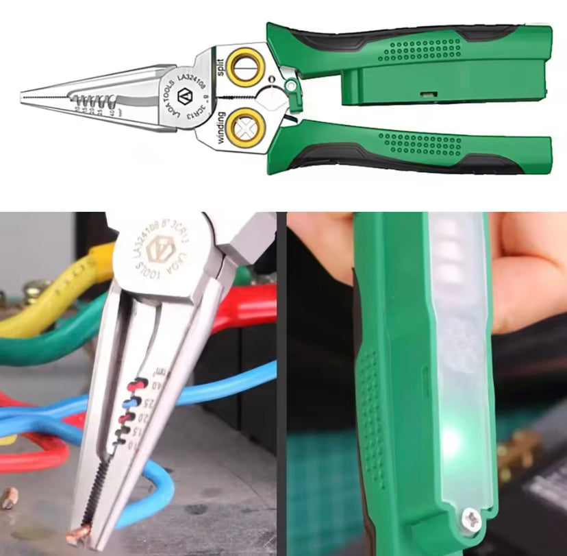 8 in 1 Wire Stripping Needle Nose Pliers Non-slip Multi-function Wire Stripper with Electricity Tester Function