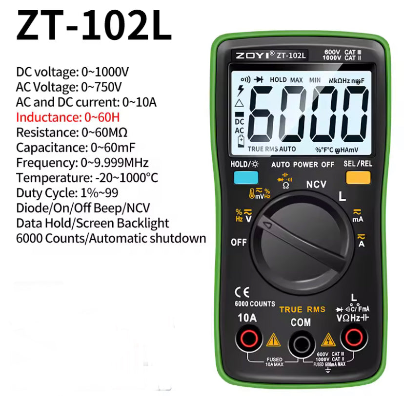 ZOYI New ZT102L Digital Multimeter 6000 Counts Auto Range Backlight AC/DC Ammeter Volt Ohm Tester Portable Meter Multimetro