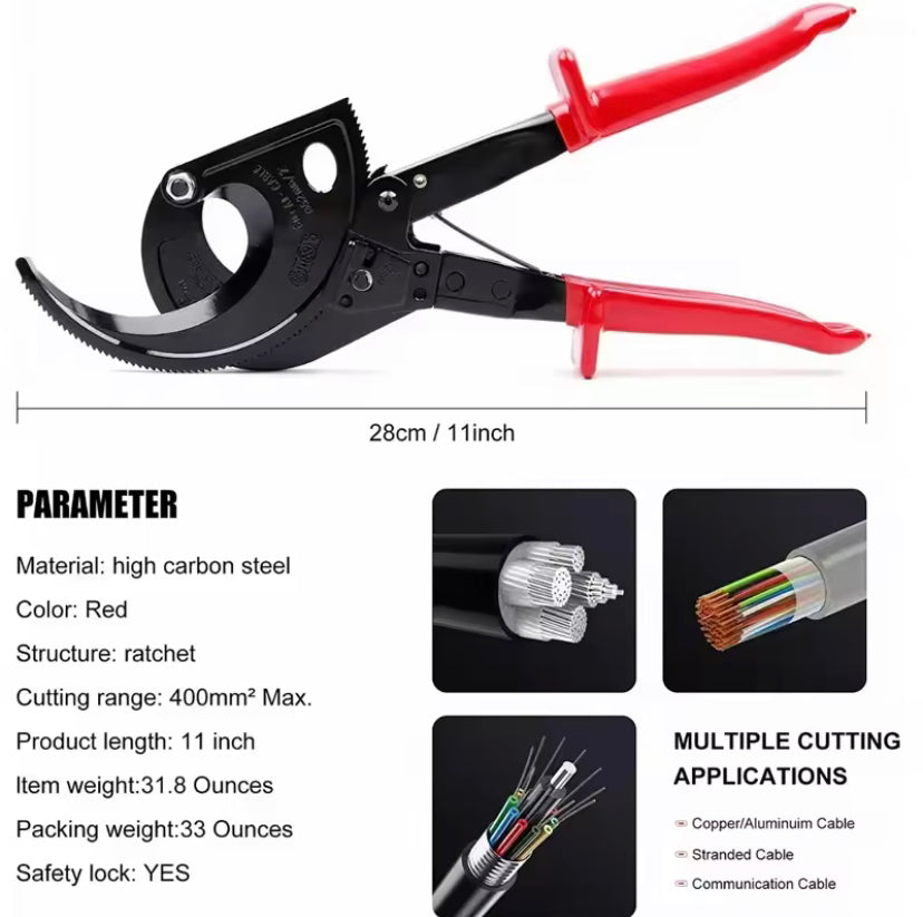 Ratchet Cable Cutter, Heavy Duty Wire Cutter for Aluminum Copper Cable up to 400mm², Ratcheting Wire Cutting Hand Tool HS-520A