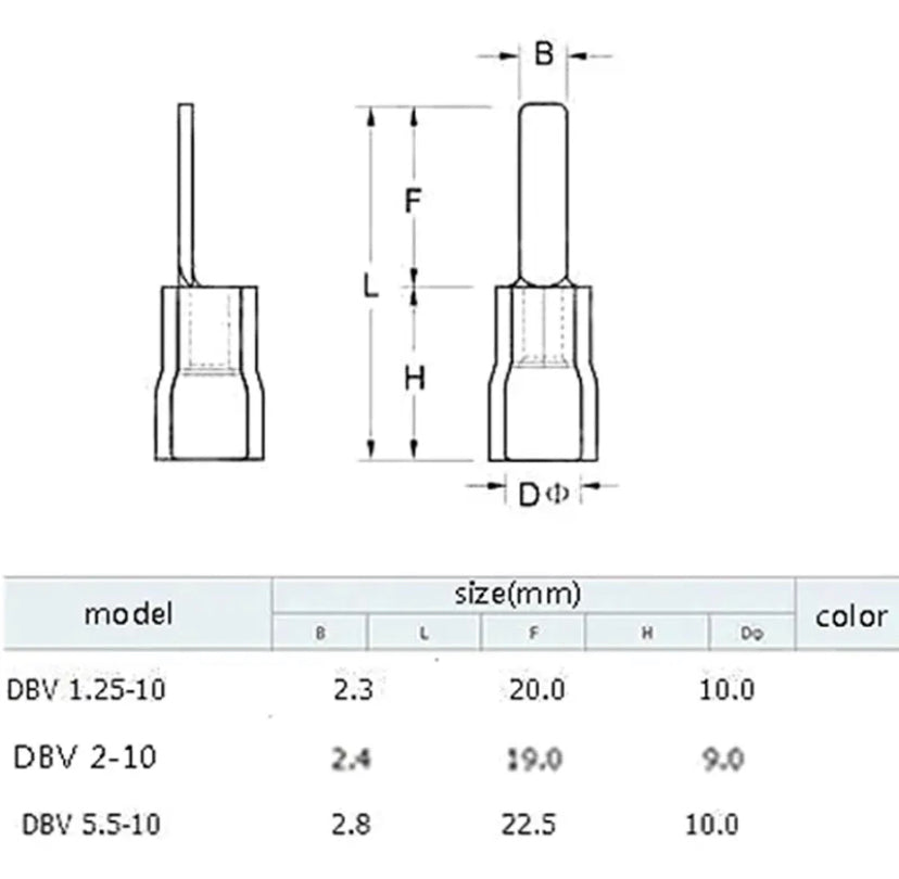 DBV1.25-10 DBV2-14 DBV5.5-10 Chip-shaped Cold-pressed Terminal Plug-in Insulated Blade Cable Lug Sleeve Pin Terminals Connector