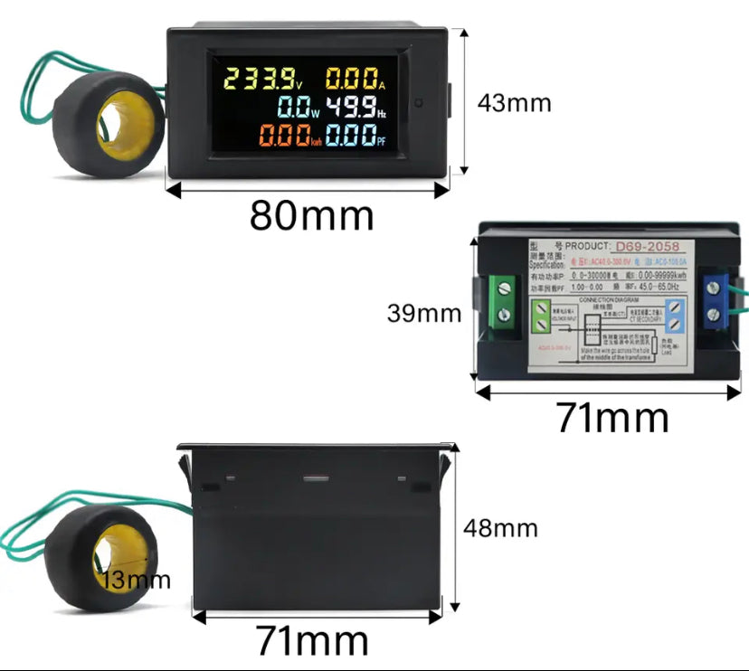 AC 100A 40-300V D69-2058 Voltmeter Current Ammeter Power Factor Electric Energy Frequency Meter Digital Panel Wattmeter VOLT AMP