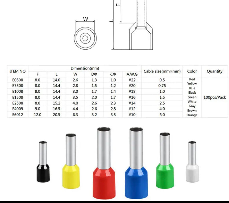 100pcs/Pack E0508 E7508 E1008 E1508 E2508 Insulated Ferrules Terminal Block Cord End Wire Connector Electrical Crimp Terminator