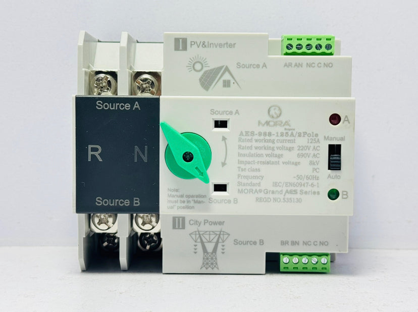 2P Din Rail ATS for PV and Inverter Dual Power Automatic Transfer Selector Switches Uninterrupted 125A 220V