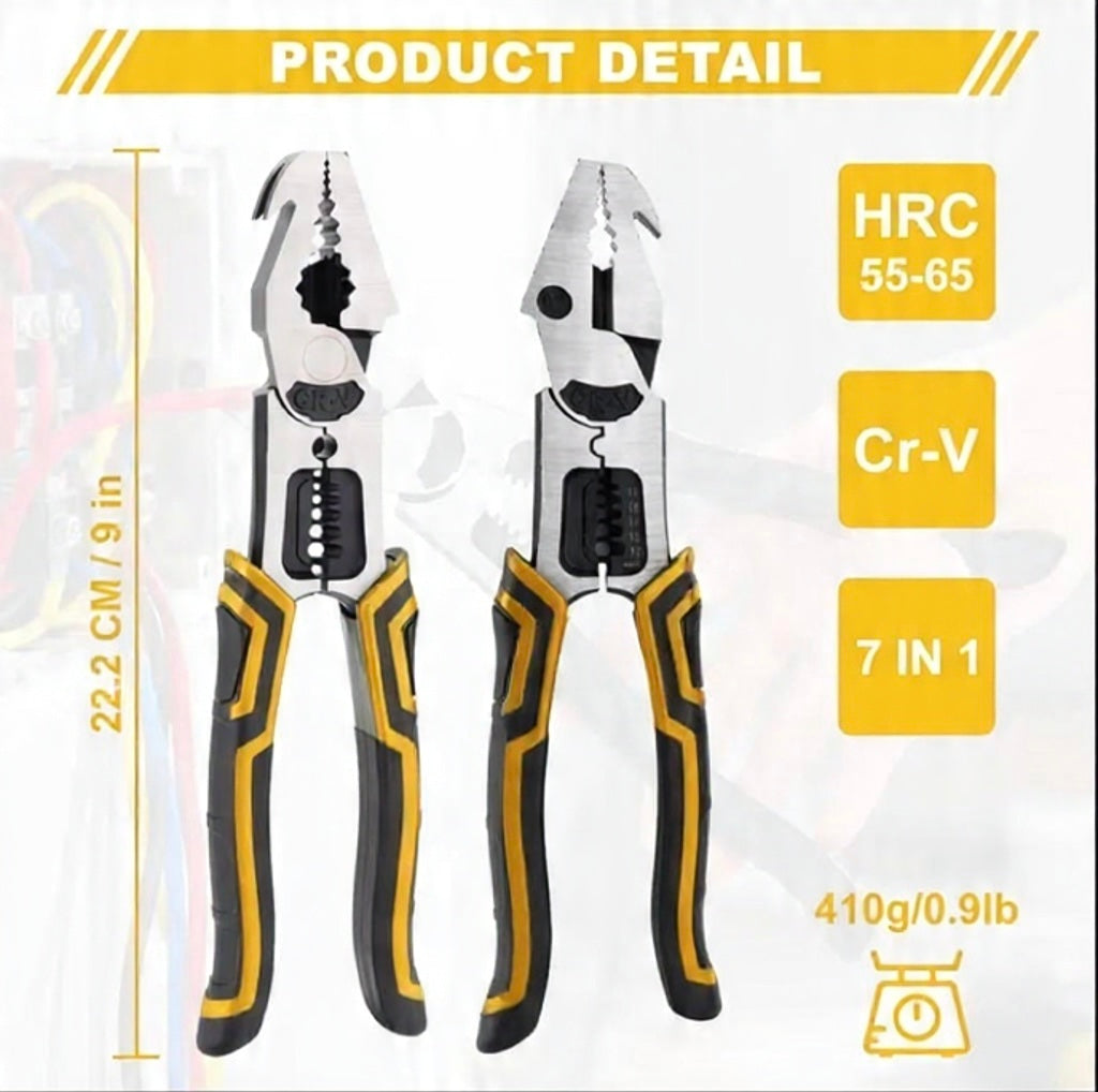 Robust Lineman Pliers, a Versatile 7-In-1 Tool Featuring a Wire Cutter, Crimper, Stripper, And Nail Puller | 22.86cm CRV Combination Pliers Designed for Gripping, Cutting, Stripping, And Hammering | Multi-Functional Hand Tools