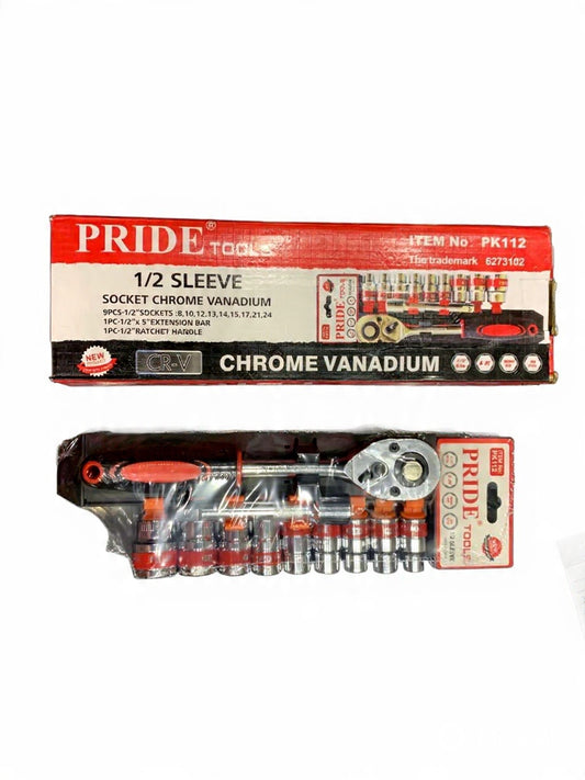 PRIDE 12 Pcs Set Wrench Socket Set 1/2 Inch Metric Impact Sockets Ratchet Spanner Complete Tool Kit Professional Garage Repair Tool