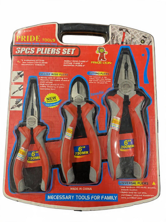 PRIDE 3 Pcs Pliers Set Combination Combination/Long Nose/Diagonal Cutter RED