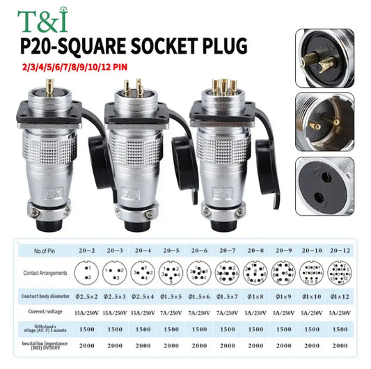 P20 Aviation Plug Square Plate 2/3/4/5/6/7/8/9/10/12Pin Connector Male Female Connector 20MM DiameterP20 Aviation Plug Square Plate