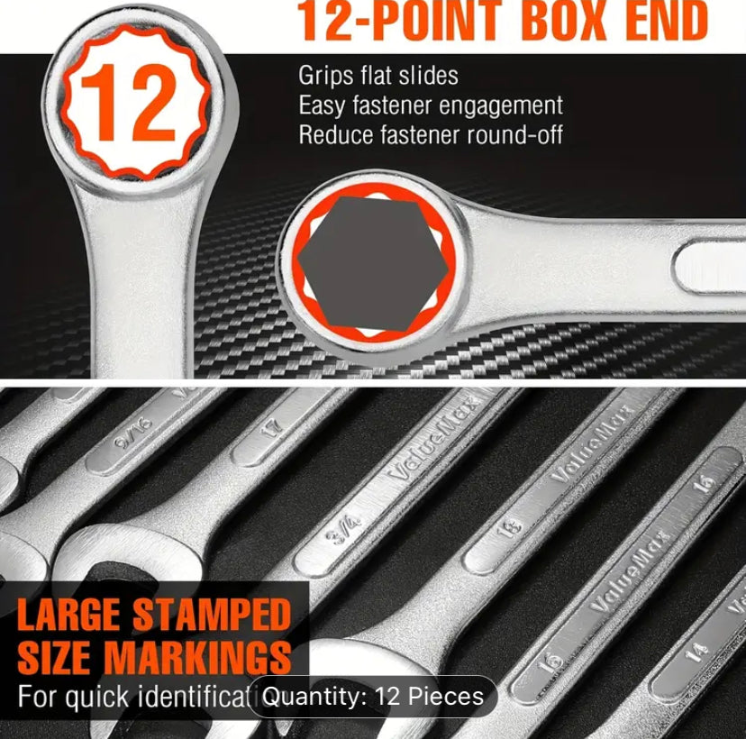 12 PCS Wrench Set with Roll-Up Pouch, 8-24mm,  15° Angled Open & 12-Point Box End Finish for Home & Workshop
