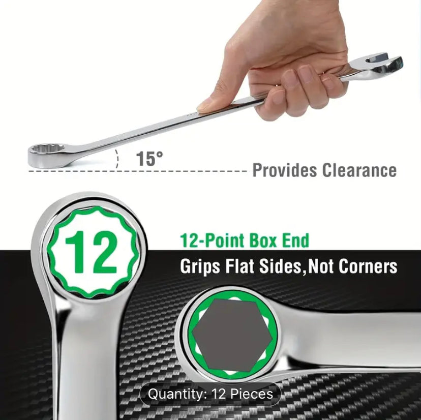 12 PCS Wrench Set with Roll-Up Pouch, 8-24mm,  15° Angled Open & 12-Point Box End Finish for Home & Workshop